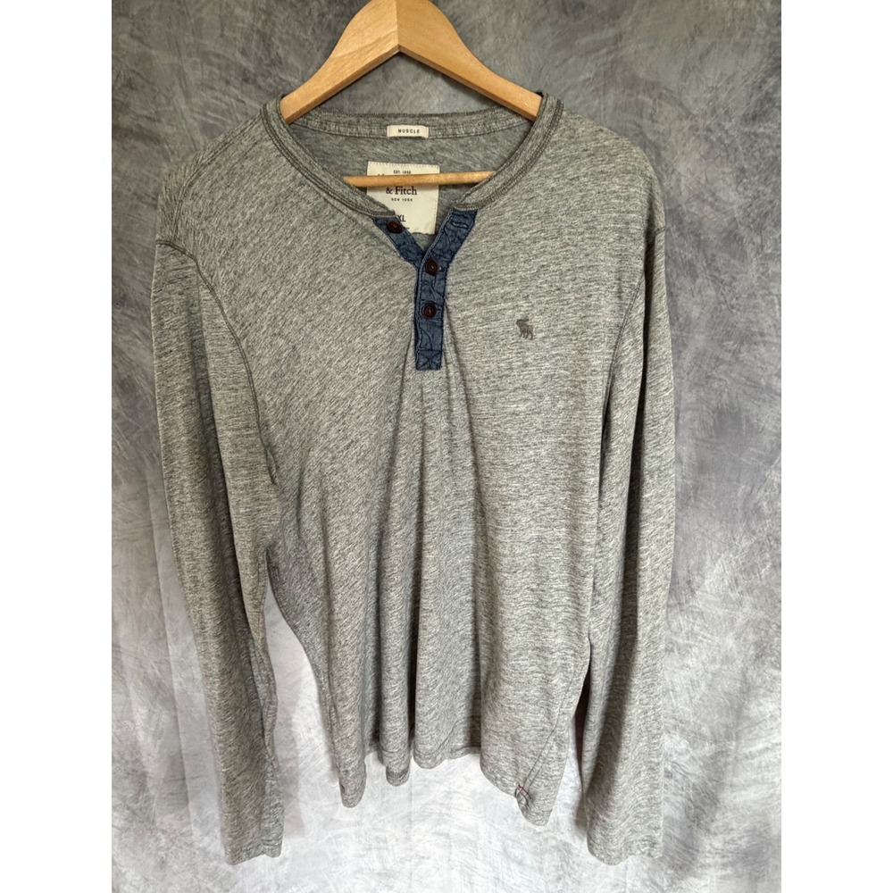 Abercrombie & Fitch Mens Muscle Fit‎ Henley Shirt XL Gray Long Sleeve Moose Logo